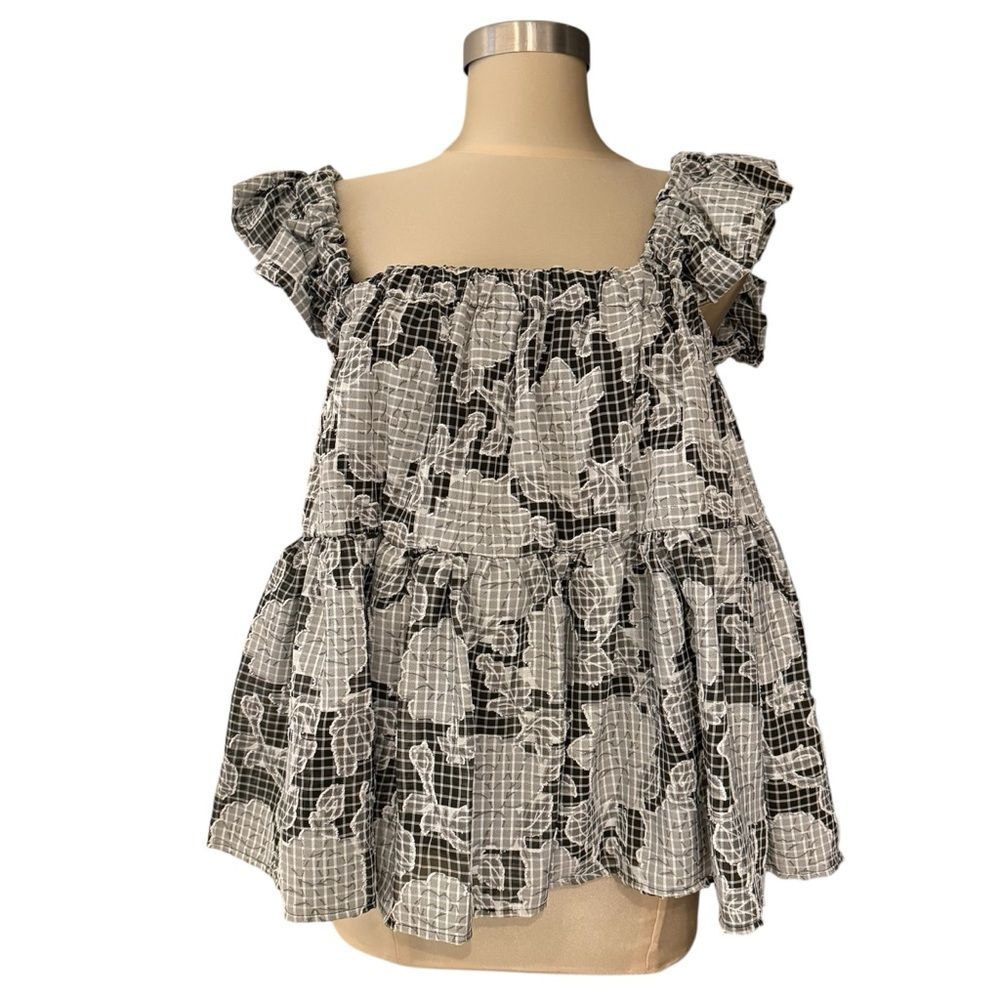 Crown & Ivy Floral‎ Burnout Tiered Tank Top Flutter Sleeve NWT Size L